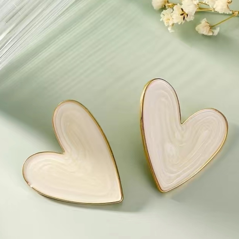 Enamel Mother of Pearl Look Heart Statement Studs